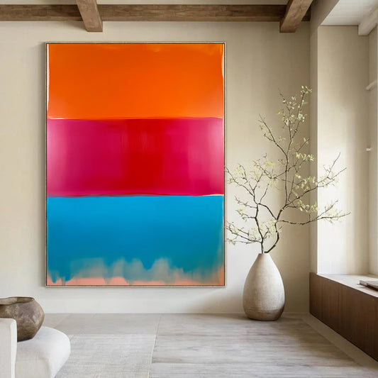 Contemporary hand-painted abstract artwork featuring a large field of color with red, peach, and bright blue vertical sections blending beautifully. DLZ1287
