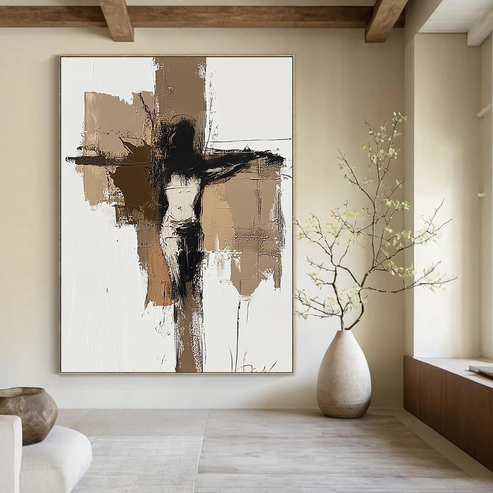 Contemporary abstract painting featuring earthy tones with a minimalist depiction of Jesus on the cross on a white background. DLZ0872