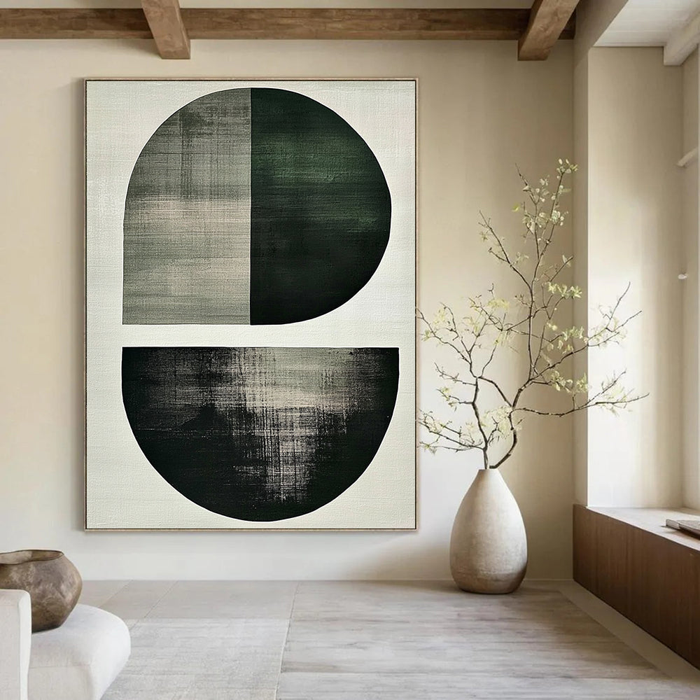 Contemporary abstract art featuring minimalist Japandi style with large green and grey shapes a central oval and umber half-circle on a white background. DLZ1617