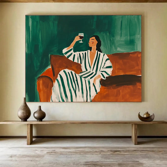 “Relaxed Figure with Wine” - Green, Brown, White, Stylized Figure Scene - Acrylic Painting HB1660