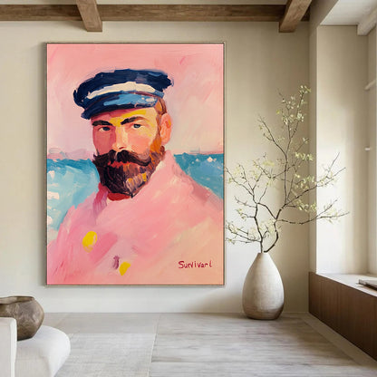 Contemporary hand-painted abstract artwork featuring a sailor in pink attire with a pastel palette and thick brush strokes against a vibrant background. DLZ1408