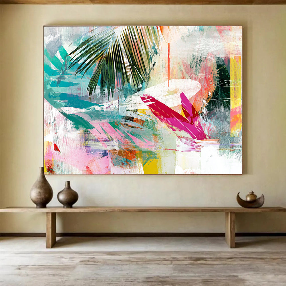 “Colorful Tropical Leaf Collage” - Colorful Palette, Tropical Leaves, Abstract Collage Painting On Canvas HB0854