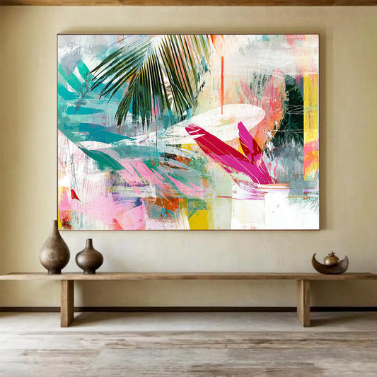 “Colorful Tropical Leaf Collage” - Colorful Palette, Tropical Leaves, Abstract Collage Painting On Canvas HB0854
