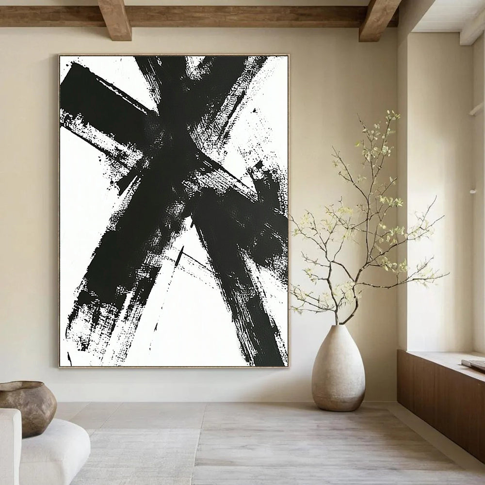 Contemporary large hand-painted abstract artwork featuring a black and white cross with dynamic intersecting lines and expressive brush strokes. DLZ1539