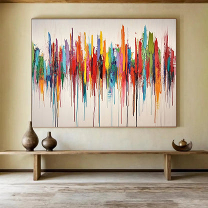 “Colorful Dripping Melody” - Rainbow hues; Vertical colorful drips on a white background; Drip - style Acrylic Painting On Canvas HB1197