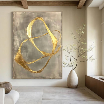 Contemporary abstract art featuring gold leaf-shaped lines on a gray background, showcasing organic forms and minimalist fluidity in a striking hand-painted design. DLZ1578