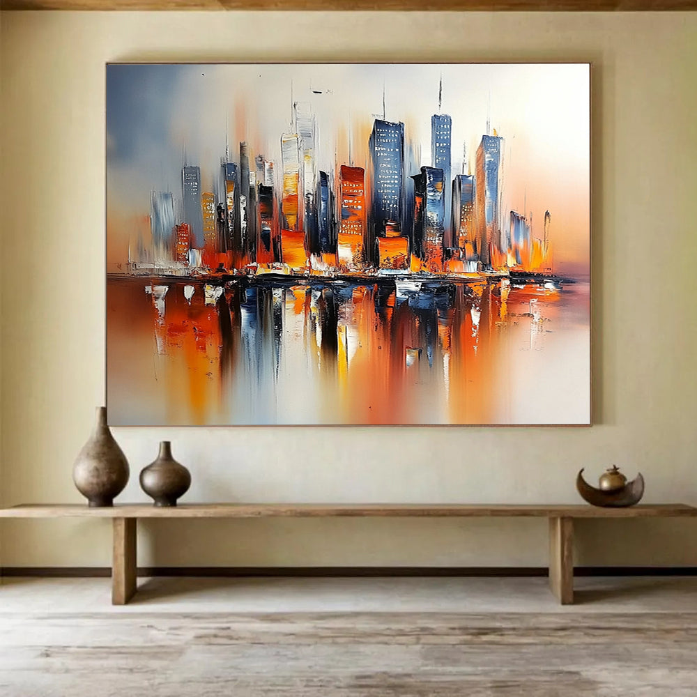 Colorful Cityscape with Reflections "Urban Glow" Painting On Canvas HB0664
