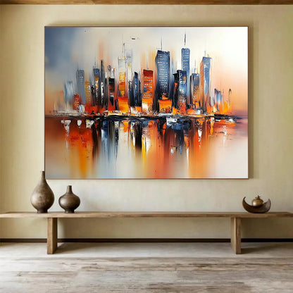 Colorful Cityscape with Reflections "Urban Glow" Painting On Canvas HB0664
