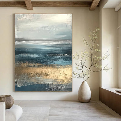 Contemporary hand-painted abstract artwork featuring soft edges in neutral colors with calming blue and gray tones of the sea and sky. DLZ0789