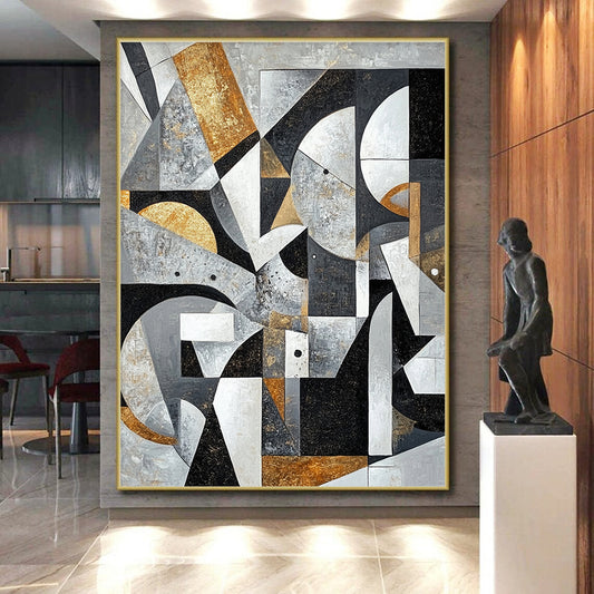 Gray, Black, White, Gold and Brown Geometric Abstraction "Vintage Geometry" Painting On Canvas HB395