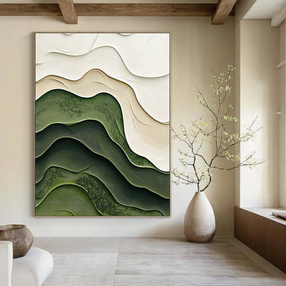 Contemporary abstract artistry featuring soft green and white layered topography enhances modern decor with elegant curves and intricate organic textures. DLZ1227