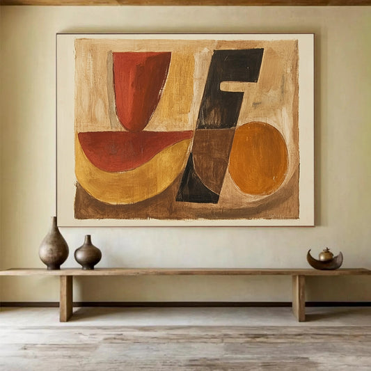 “Geometric Shapes in Earth Tones” - Red, black, yellow, brown, Abstract Geometric Painting HB0631