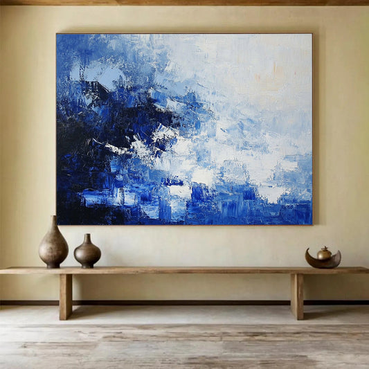 “Blue - White Abstract Textured Layers” - Blue, White, Layered Textures Painting On Canvas HB0836