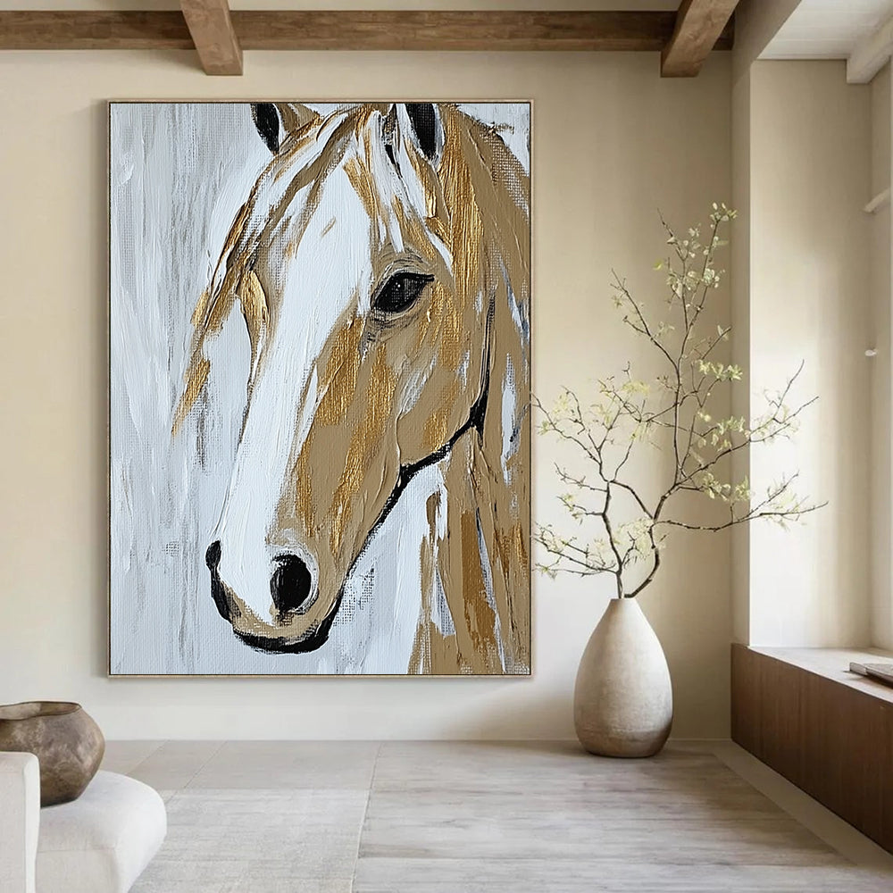 Contemporary abstract painting showcasing a close-up horse portrait in beige and white with textured gold accents on a minimal background. DLZ1583