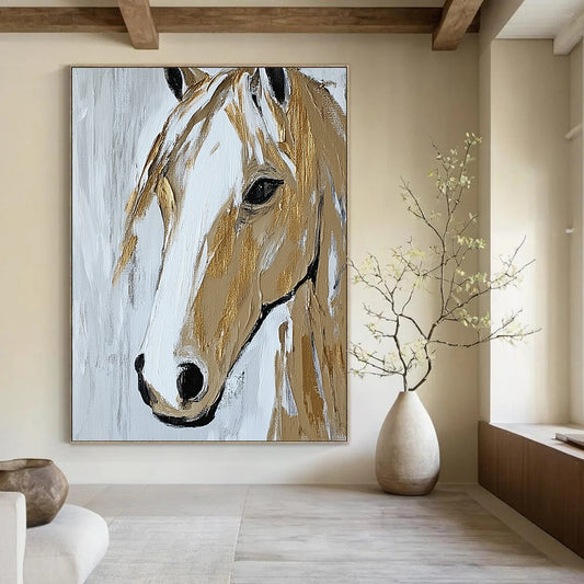 Contemporary abstract painting showcasing a close-up horse portrait in beige and white with textured gold accents on a minimal background. DLZ1583