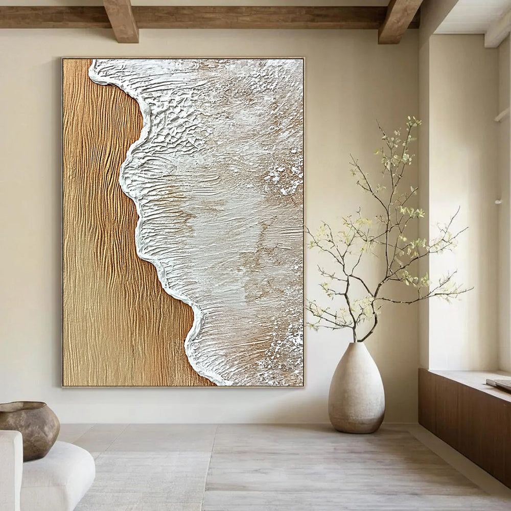 Contemporary hand-painted abstract artwork featuring textured sand and wood with ocean wave edge in white, capturing the essence of sea foam. DLZ1206