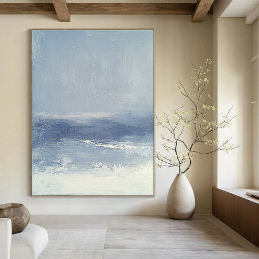 Contemporary abstract painting featuring a foggy sea in grey and blue, inspired by James Whistler's minimalist style, perfect for modern decor. DLZ0595