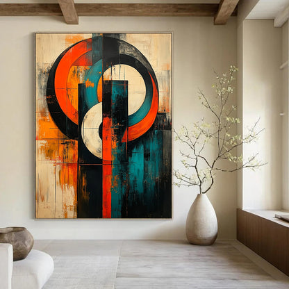 Bold contemporary abstract artwork featuring large circles and geometric lines in vibrant orange teal blue white black red and grey on canvas texture. DLZ1037