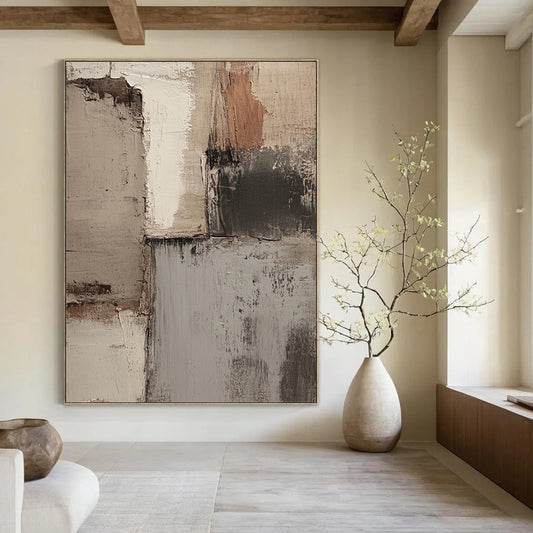Contemporary hand-painted abstract art featuring soft neutral tones with textured strokes and a moody atmosphere perfect for modern interiors. DLZ1163
