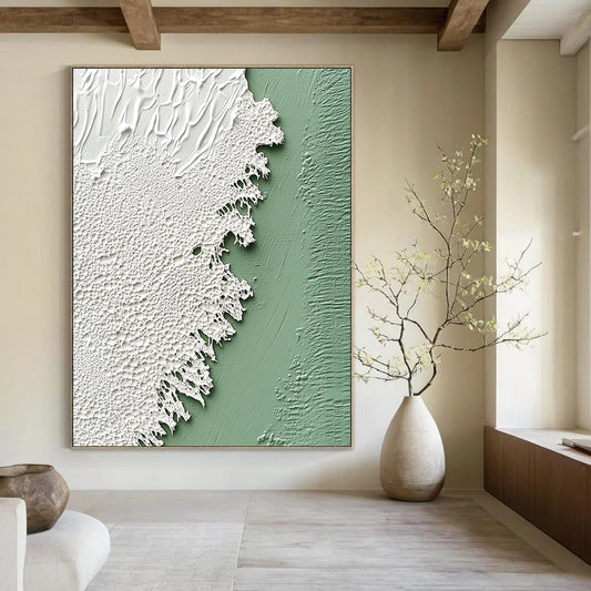 Contemporary abstract artwork featuring a soft sage green wall and delicate white textured paint resembling intricate lace, emphasizing rich color and texture. DLZ1214