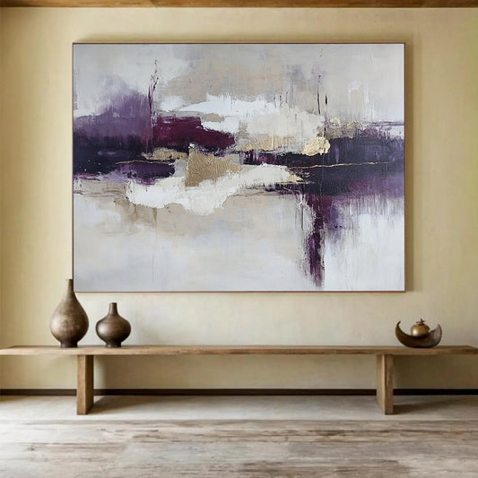 “Elegant Purple Abstract” - Purple, Gold, White, Textured Abstract Shapes Painting On Canvas HB0953