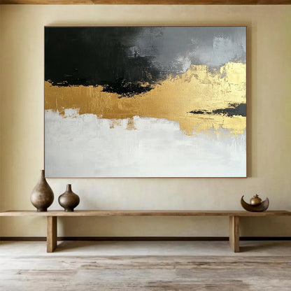 “Gold - Gray Abstract Fusion” - Gold, Gray, Textured Swirls Painting On Canvas HB0806