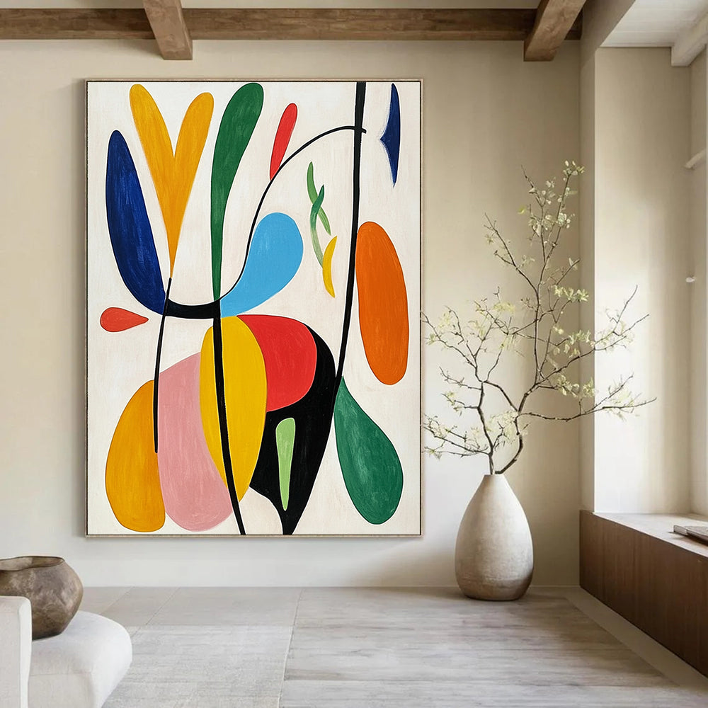 Large contemporary hand-painted abstract art featuring bright colors, organic forms, and simple lines on a white background, inspired by Matisse’s style. DLZ1271