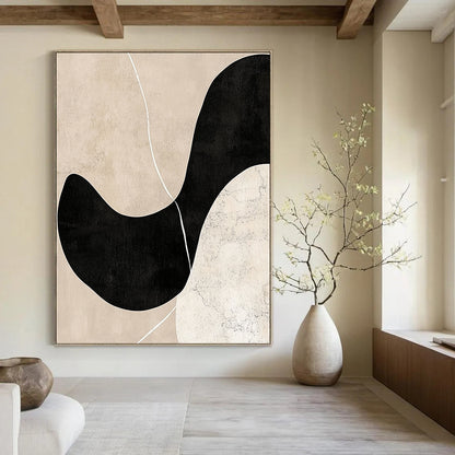 Contemporary abstract artwork featuring beige and black tones minimalist design hand-drawn lines soft edges balanced composition with depth and white line accents. DLZ0790
