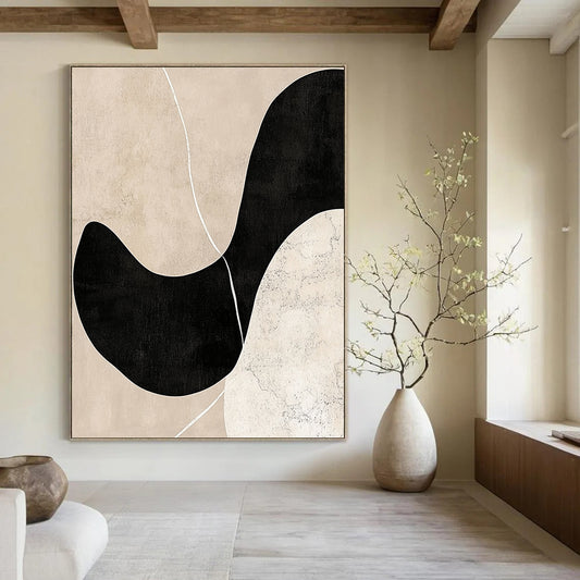 Contemporary abstract artwork featuring beige and black tones minimalist design hand-drawn lines soft edges balanced composition with depth and white line accents. DLZ0790