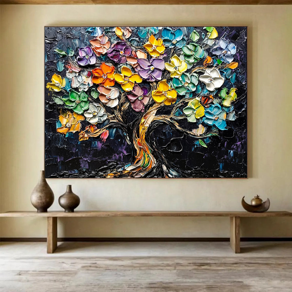 “Colorful Flower Tree” - Colorful, Textured, Flower Tree Painting On Canvas HB0751