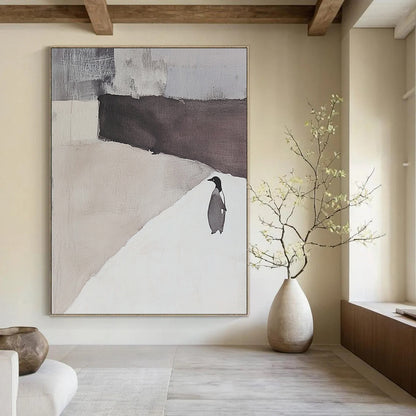 Contemporary hand-painted abstract artwork featuring an elegant white and gray landscape with a penguin silhouette and serene negative space. DLZ1725