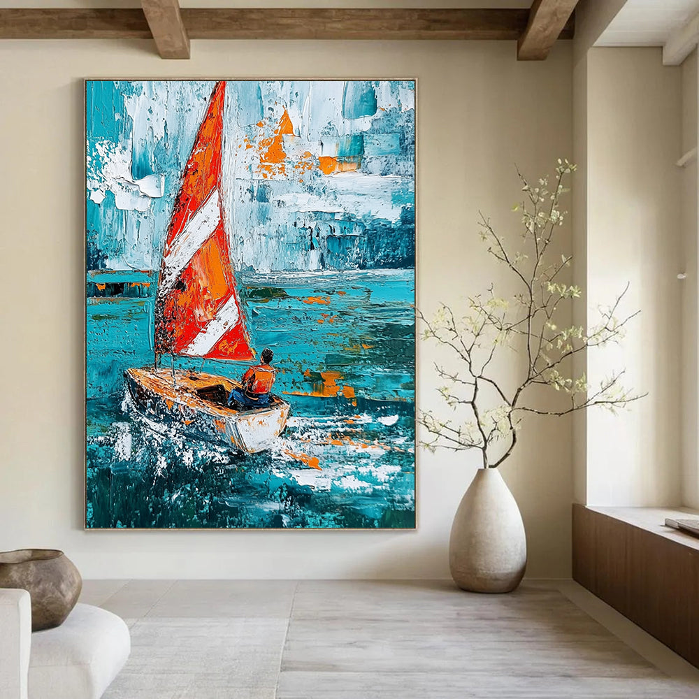 Contemporary hand-painted abstract art showcasing a sailboat with striped sails navigating turquoise waves, featuring expressive brush strokes and textured impasto techniques. DLZ1697
