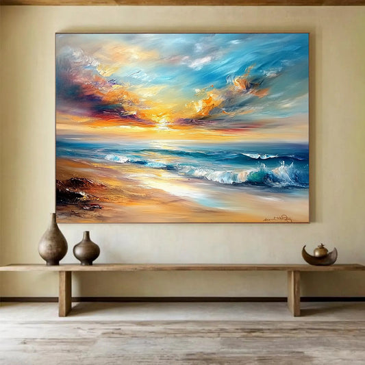“Vibrant Beach Sunset” - Oranges, Pinks, Blues, Colorful Ocean Sunset - Impasto Oil Painting HB1600