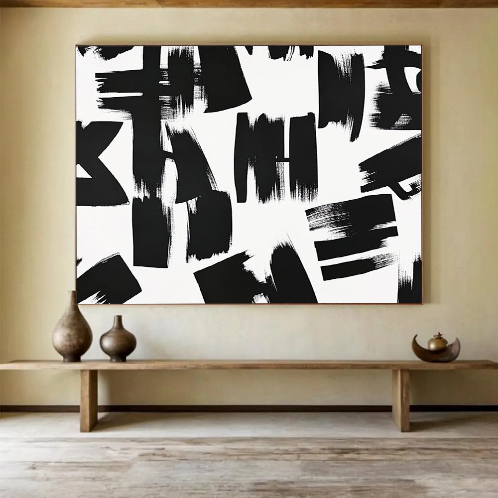 “Chaotic Black - White Brush Marks” - Black, White, Dynamic Marks Painting On Canvas HB0805
