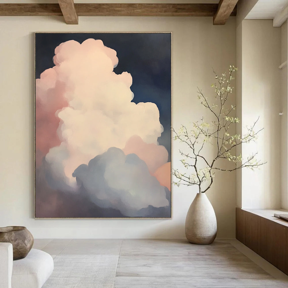 Contemporary hand-painted abstract art featuring puffy white clouds in soft pink and blue against a dark, low-contrast background. DLZ1092