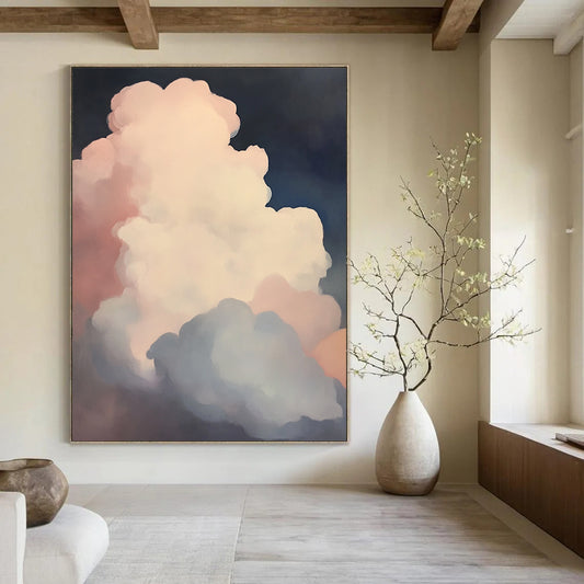 Contemporary hand-painted abstract art featuring puffy white clouds in soft pink and blue against a dark, low-contrast background. DLZ1092