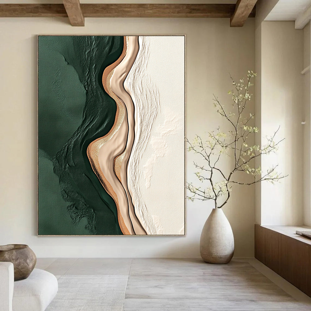 Contemporary hand-painted abstract artwork featuring dark green and beige shapes on white background with gold accents and minimalistic brushstroke design. DLZ0838