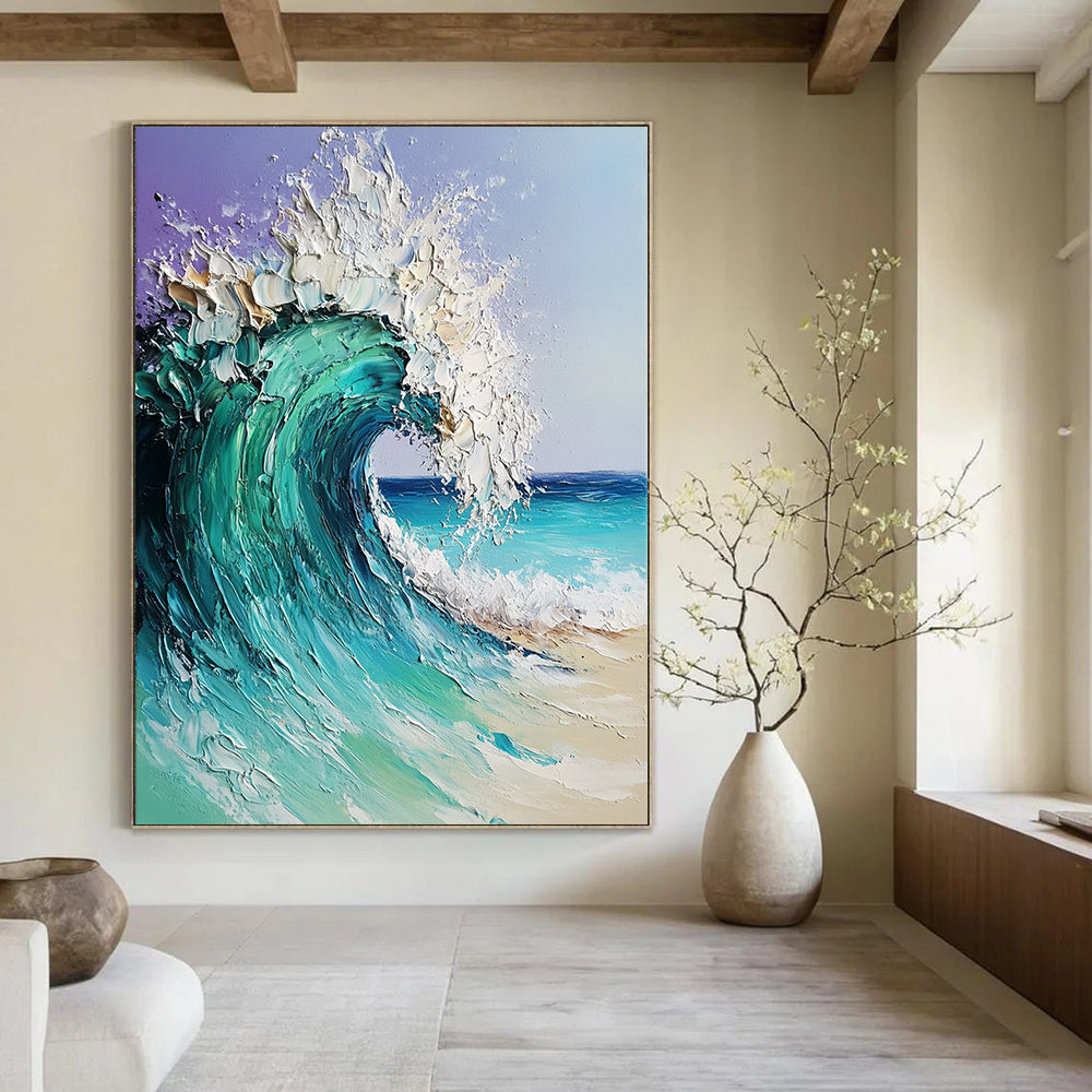 Contemporary hand-painted abstract artwork featuring a dreamy ocean wave in turquoise and blue with textured impasto brushwork on a light purple background. DLZ1095
