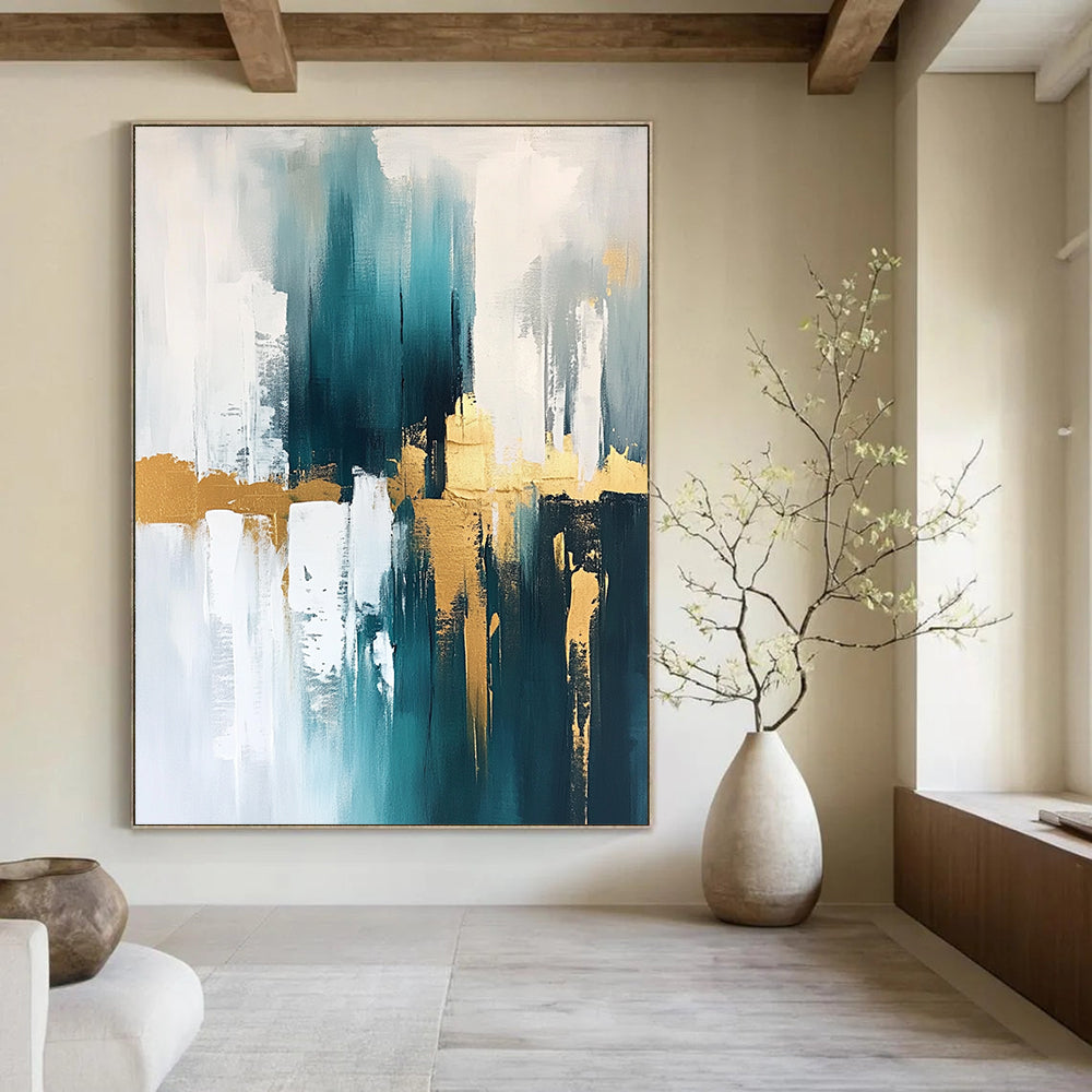 Contemporary abstract artwork featuring gold, teal, and white hues, creating a striking visual impact for modern spaces. DLZ0745