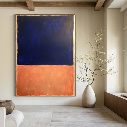 Contemporary hand-painted abstract artwork featuring dark blue and light orange with a significant white space, inspired by Rothko’s bold minimalism. DLZ1362