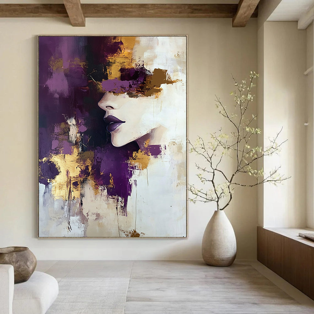 Contemporary hand-painted abstract art featuring a woman with purple and gold accents soft tones and thick brush strokes in a beige and white palette. DLZ0974