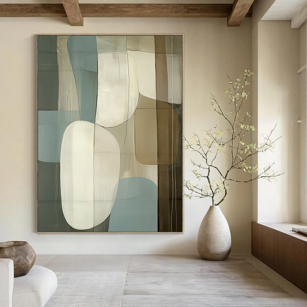 Large contemporary hand-painted abstract artwork featuring light blue beige and white shapes on a dark gray background with striking depth. DLZ1299