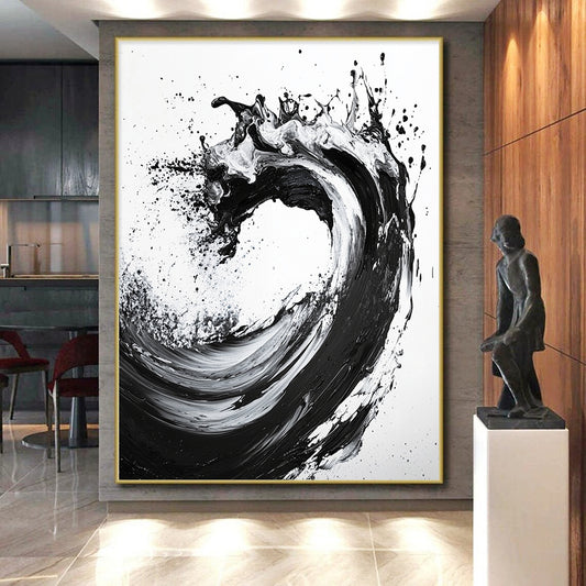 Black, White, Cascading Ink Splash "Ink Cascade" Abstract Expressionist Painting On Canvas HB135