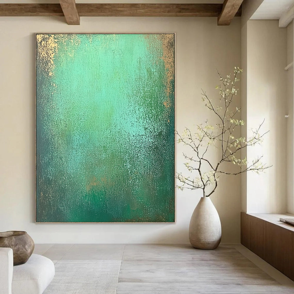 Contemporary hand-painted abstract art features an emerald green gradient with textured layers of seafoam and hints of shimmering gold for depth. DLZ1293