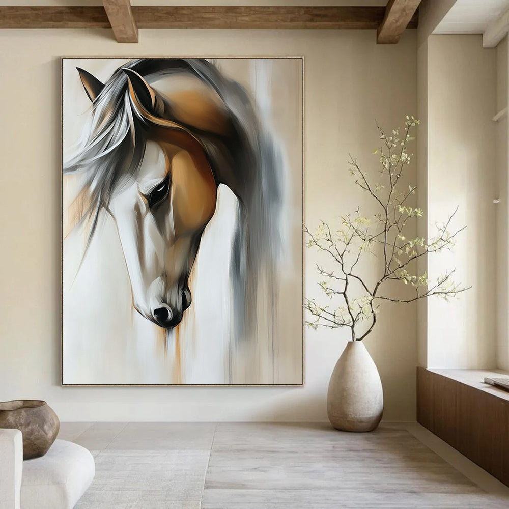 Contemporary abstract painting featuring a close-up view of a horse in muted light gray and off-white tones on a beige background. DLZ1670