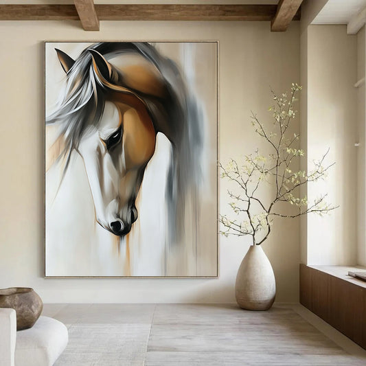 Contemporary abstract painting featuring a close-up view of a horse in muted light gray and off-white tones on a beige background. DLZ1670