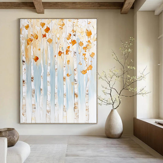 Contemporary abstract artwork featuring birch trees with gold and white leaves against a light blue background with textured brush strokes and floral accents. DLZ0976