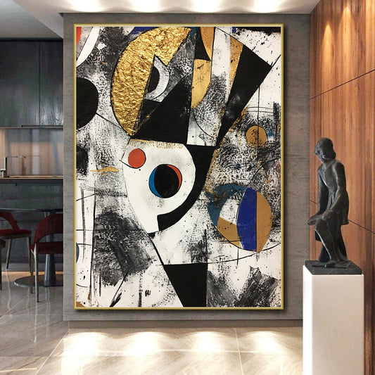 Black, White, Gold, Red and Blue Geometric Abstraction "Cosmic Collision" Painting On Canvas HB323