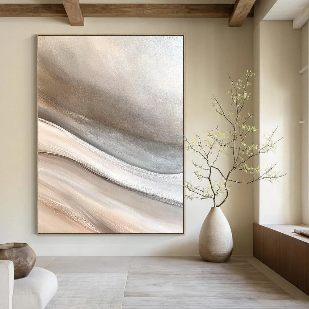 Contemporary large hand-painted abstract art capturing the desert with soft sand dunes in neutral gray beige and white tones for a calming zen atmosphere DLZ0650