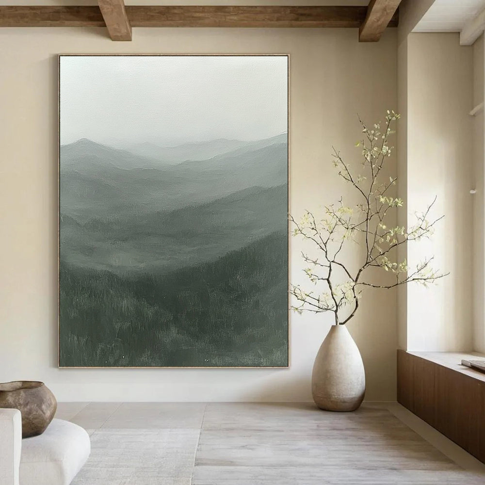 Contemporary hand-painted abstract artwork showcasing misty rugged mountains in serene greens and grays with an ethereal light, inviting solitude and mystery. DLZ0845